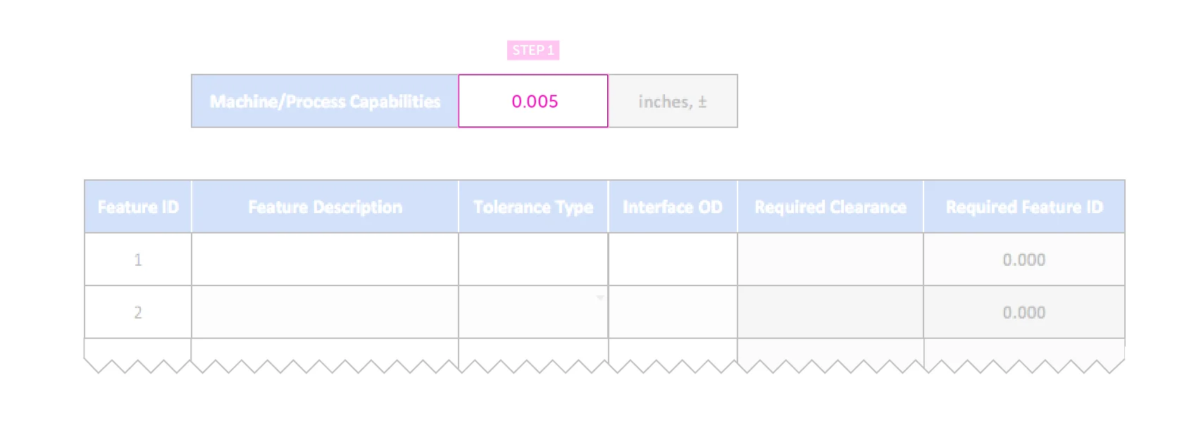step 1 of positional tolerance analysis - Fictiv enter machine tolerance capabilities