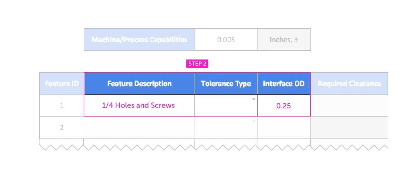 step 2 of positional tolerance analysis - Fictiv enter feature description and interface OD