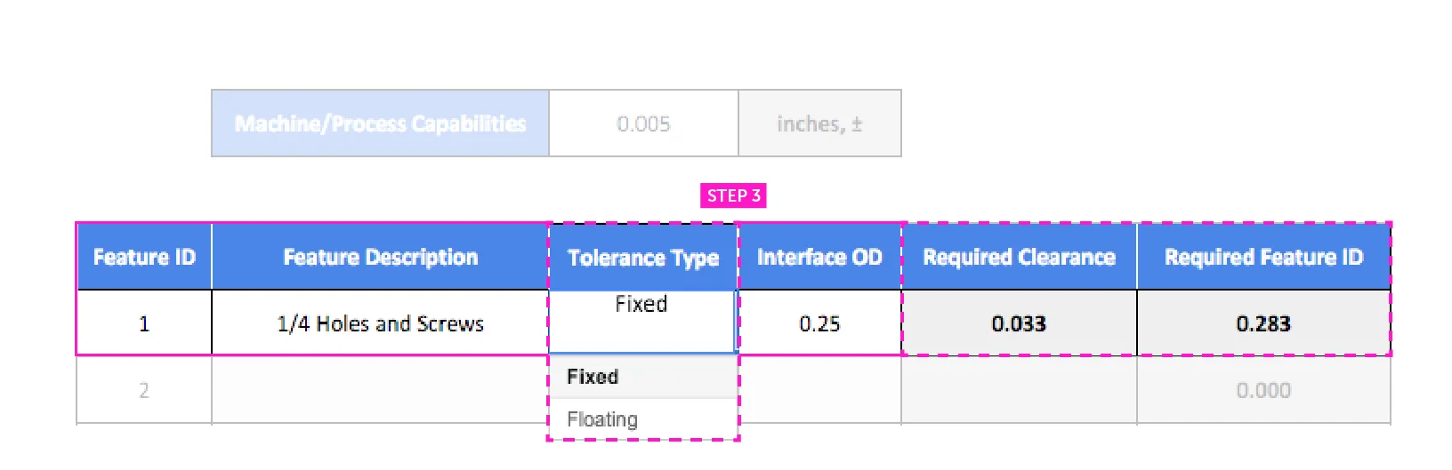 step 3 of positional tolerance analysis - Fictiv choose tolerance type