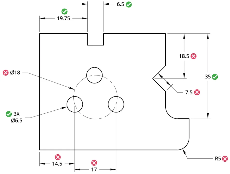 Engineering drawing for CNC machining - Fictiv showing critical and non-critical dimensions