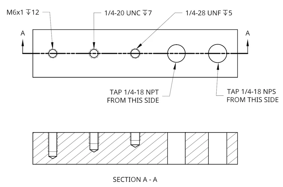 Engineering drawing for CNC machining - Fictiv Example of holes with thread callouts