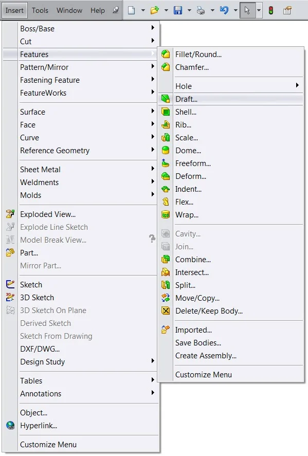 Draft Feature Solidworks Surface Modeling