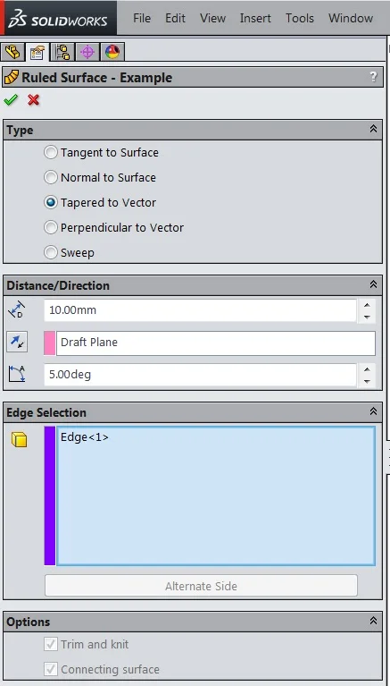 Choose the “Tapered to Vector” option in the Ruled Surface feature