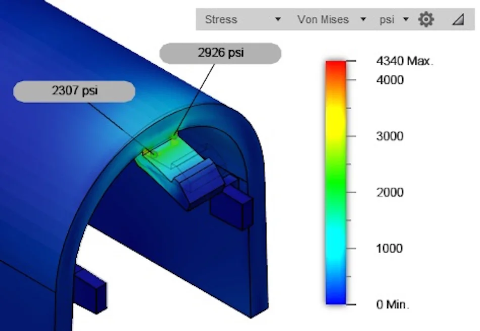 designing-for-stiffness_material-properties010 - Fictiv The area that was stressed to 6,643 psi before is now only at 2,926 psi