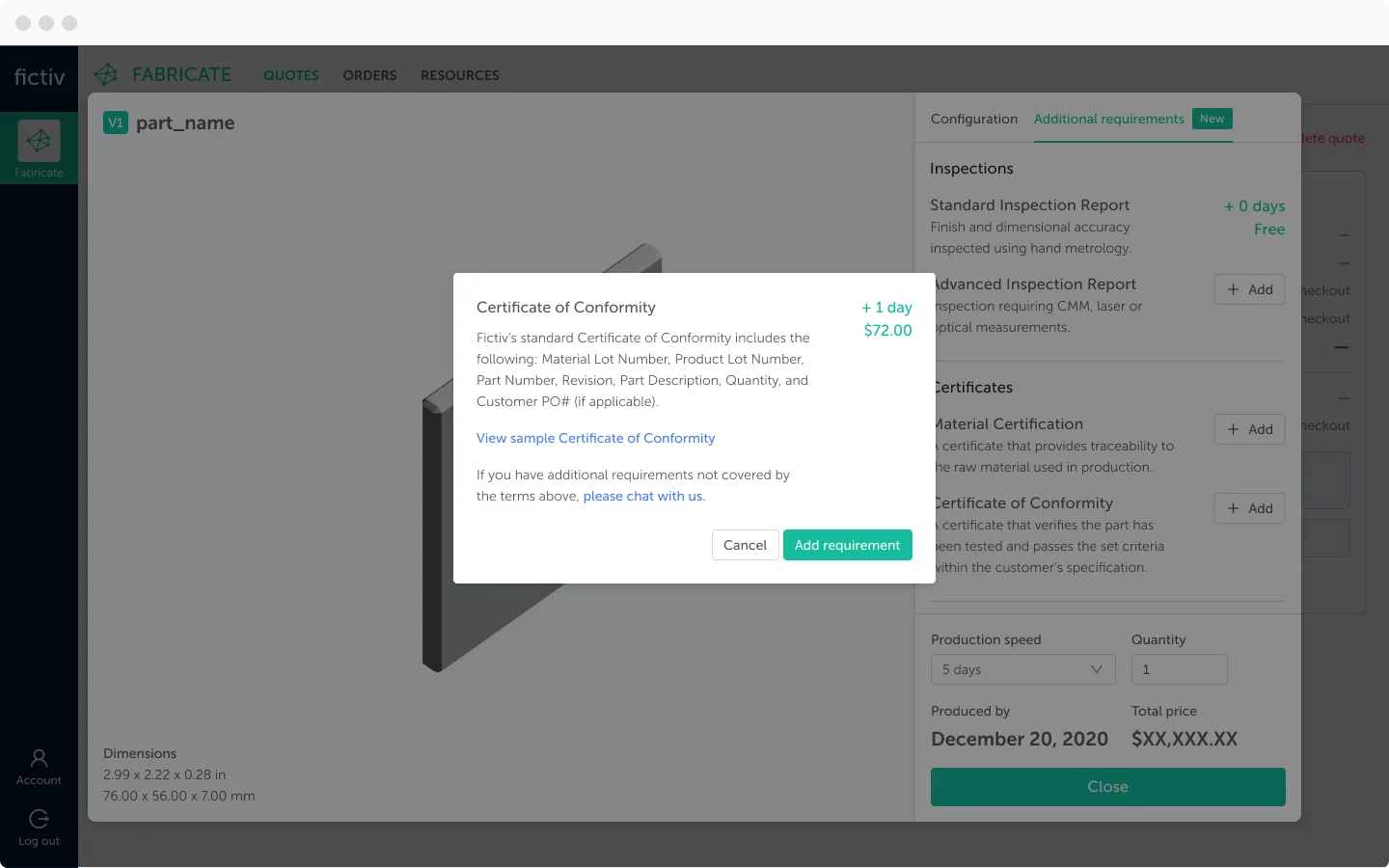 fictiv certificates of conformance