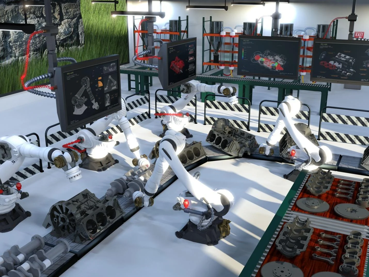 3D modeling polygonal - Fictiv A concept of a manufacturing plant with industrial robots modeled in Autodesk 3DS Max using polygonal modeling