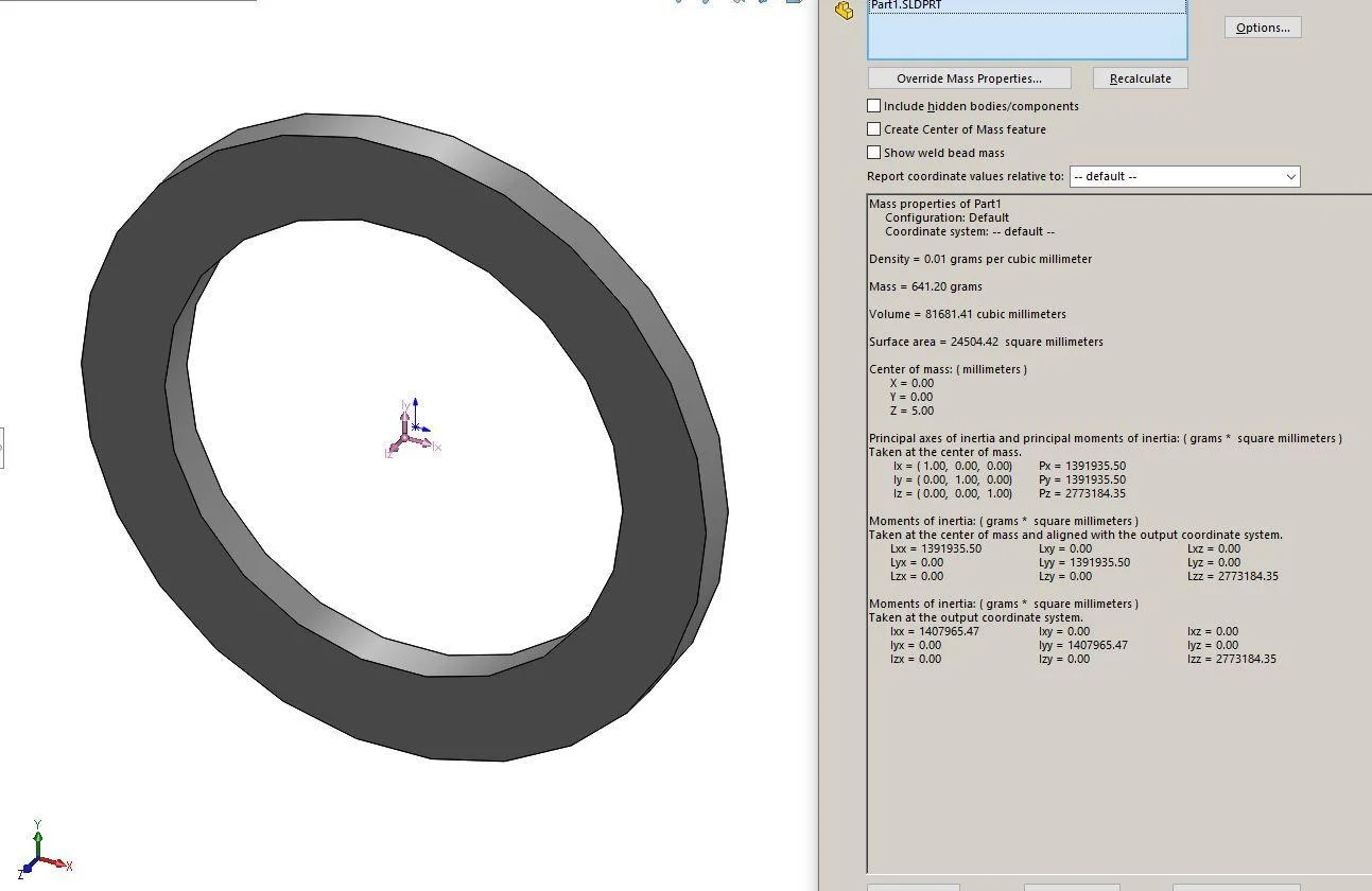 3D modeled ring - Fictiv Screenshot of a 3D CAD model of a ring with mass properties and moment of inertia