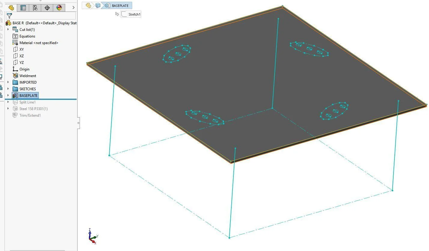 line drawing with tabletop - Fictiv screenshot of CAD software showing line drawing and 3D extrusion of a base plate