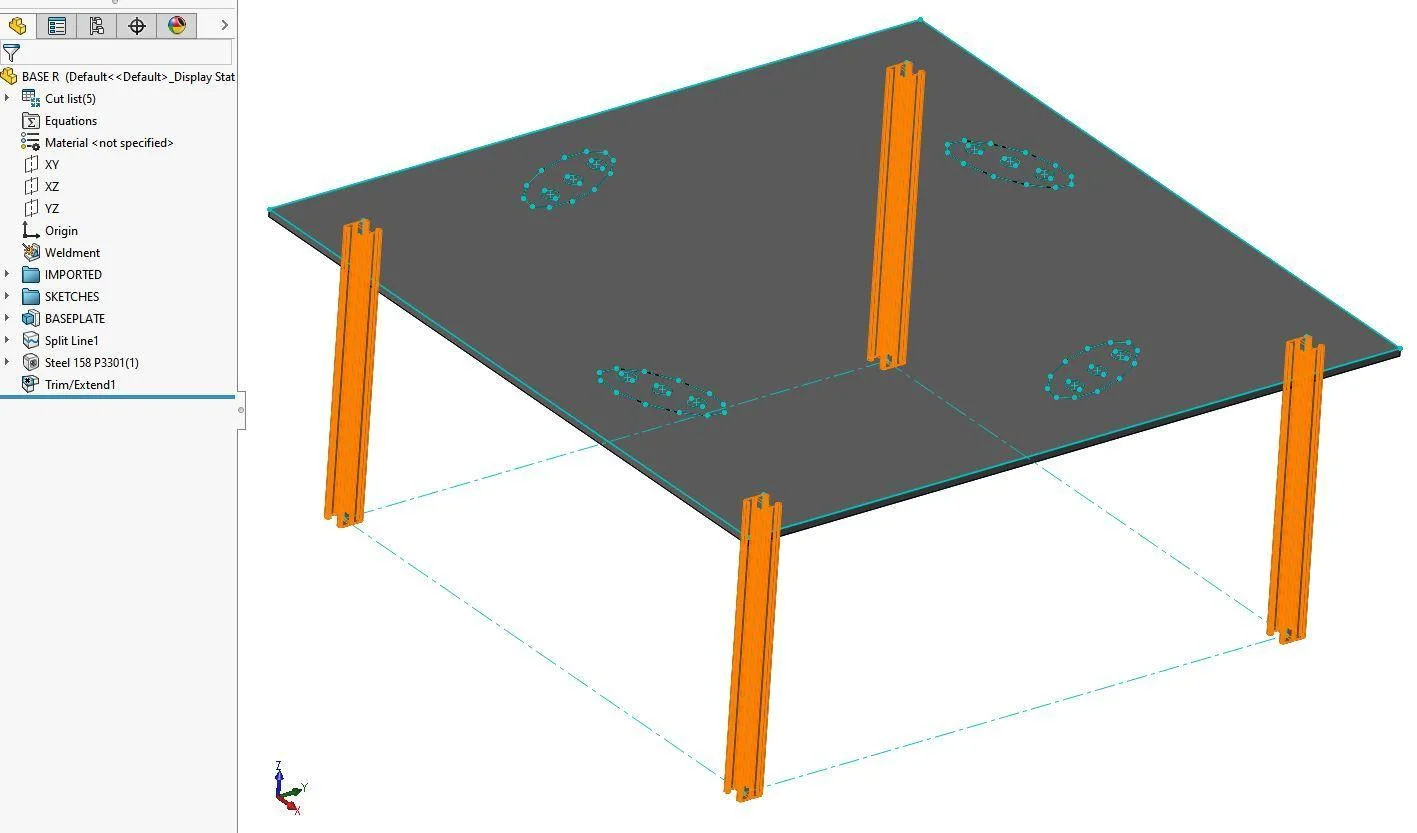 table with unistrut legs - Fictiv screenshot of a 3D CAD model of a table with unistrut weldment legs