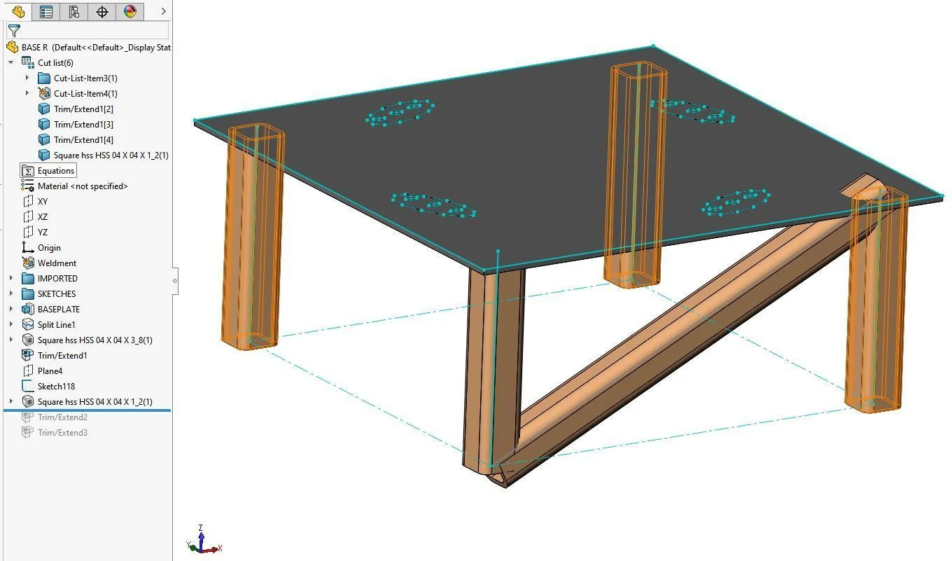 table with diagonal brace - Fictiv screenshot of a 3D CAD model with square legs and a diagonal brace