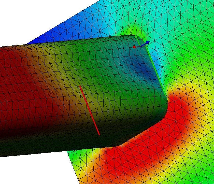 FEA model 1 - Fictiv Screenshot of a 3D CAD model displayed with a colorful mesh to show stress distribution