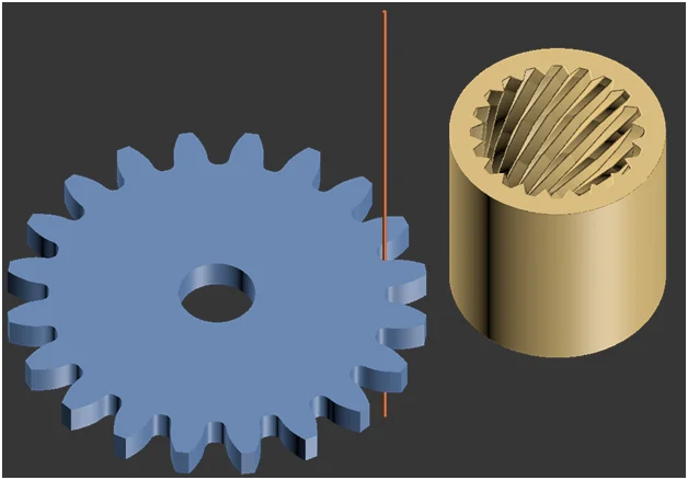 helix gear EDM - Fictiv a regular gear next to an internal helical gear