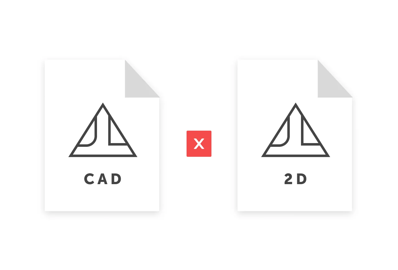a graphic showing two parts, one says CAD and the other says 2D with a red x