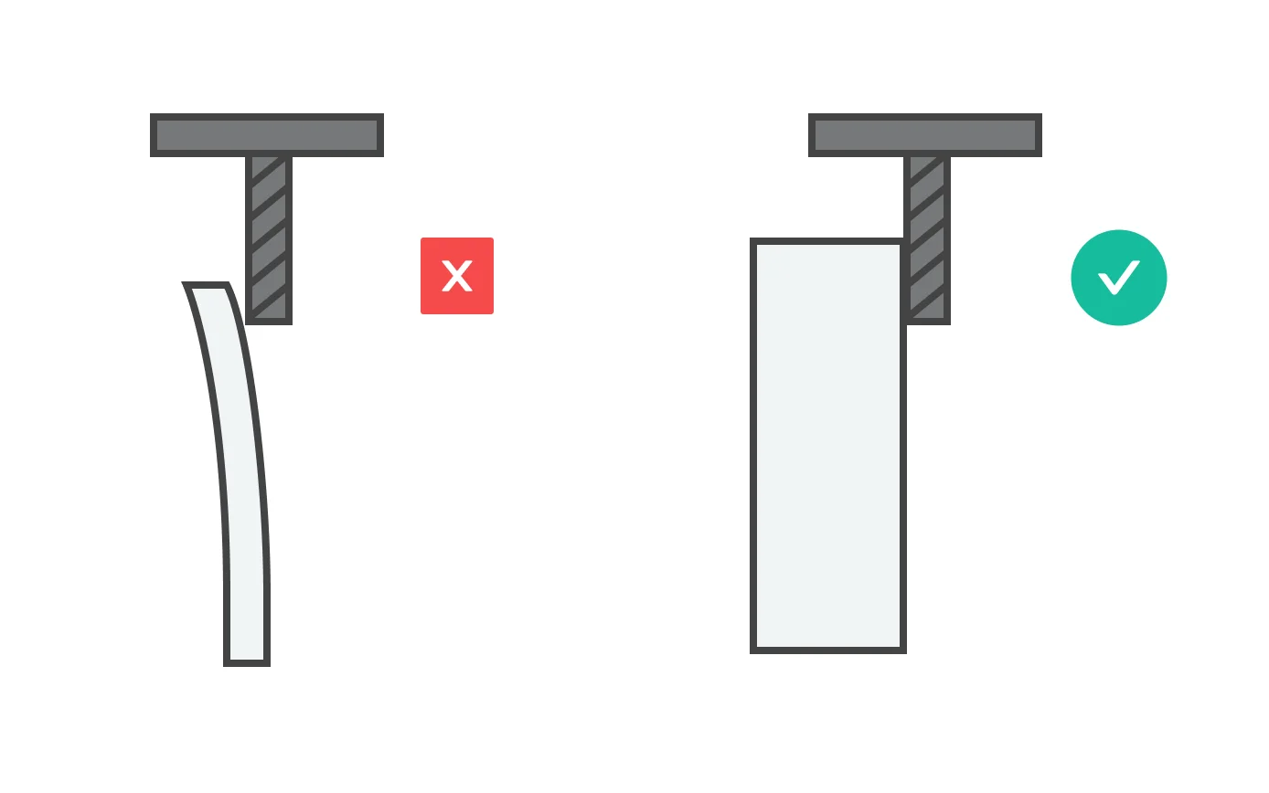 one part on the left is thin and bending in contact with a tool, on the right the part is thick and not bending in contact with the tool