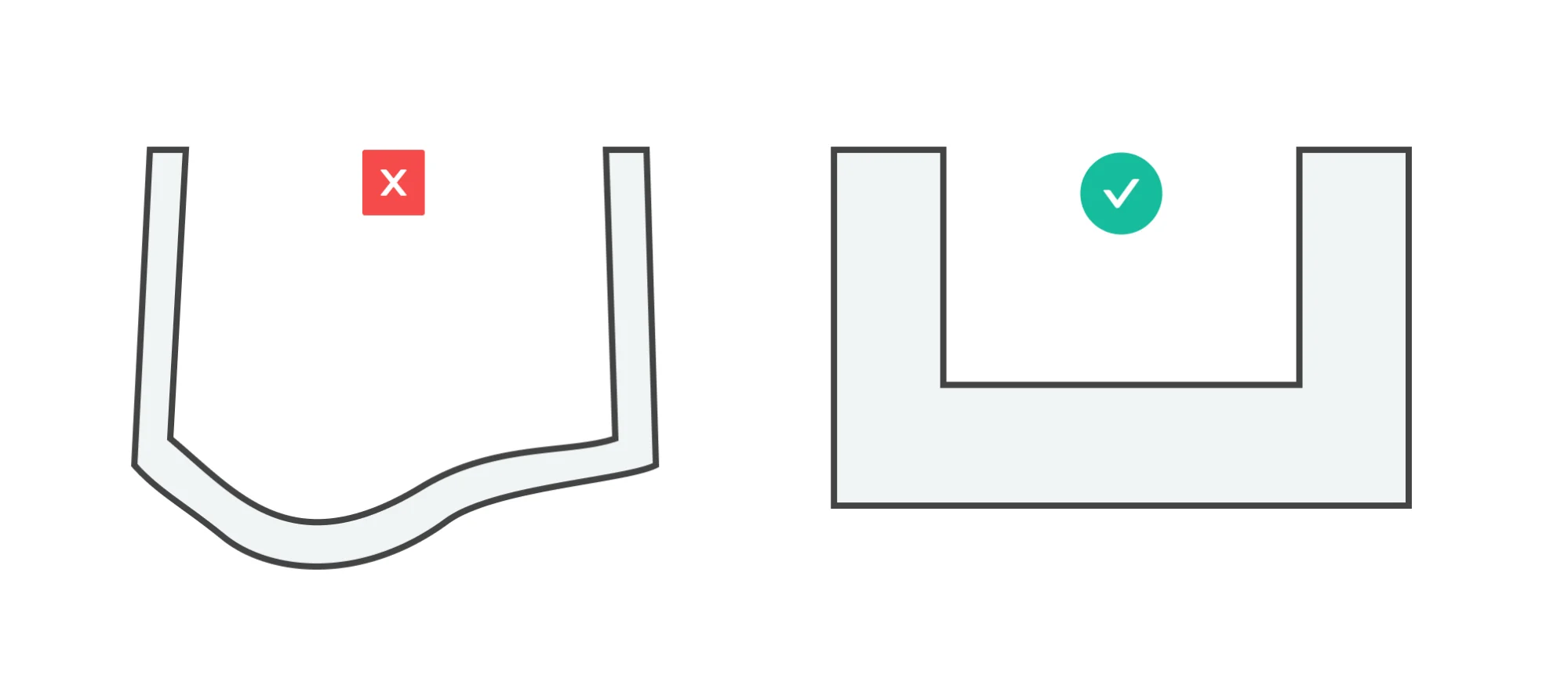 a graphic showing 2d parts, one with thin walls that is warped and the other with thick, straight walls