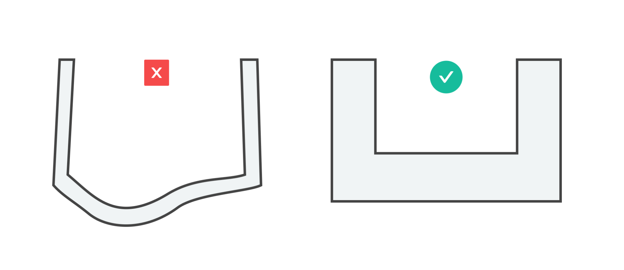 warping - Fictiv a graphic showing 2d parts, one with thin walls that is warped and the other with thick, straight walls