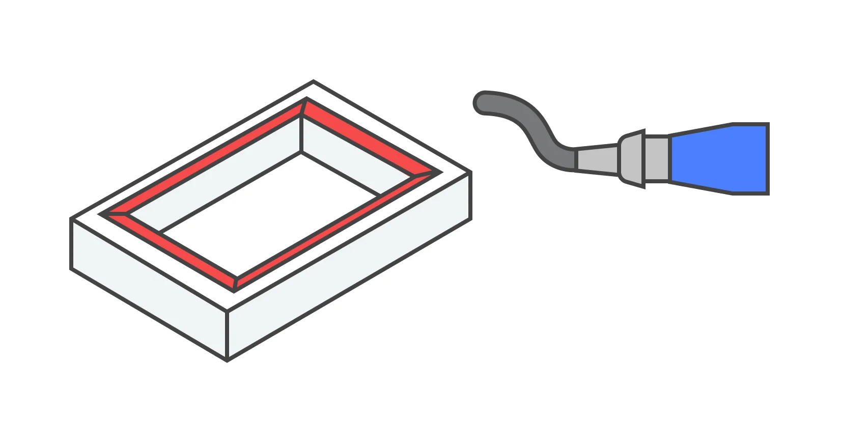 a rectangular part with an internal chamfer and a demurring tool