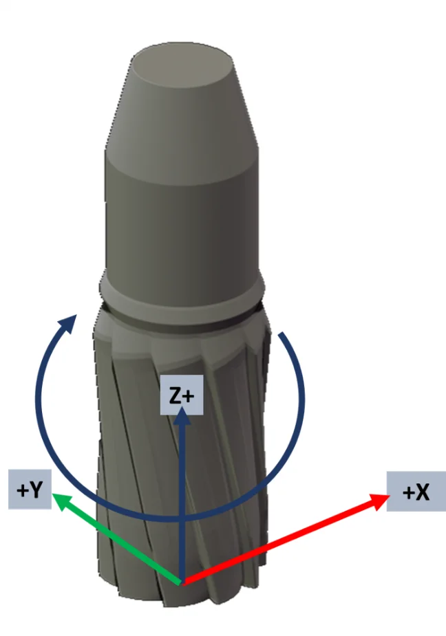 CNC machine spindle - Fictiv Illustration of CNC machine spindle and milling tool with rotational direction and x, y, and z axes