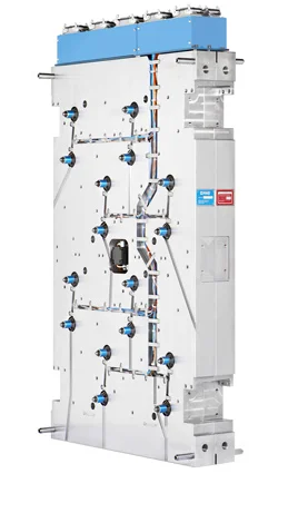 Image of an injection mold with multiple internal valve gate nozzles