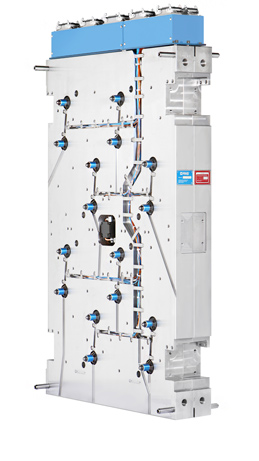 Image of an injection mold with multiple internal valve gate nozzles