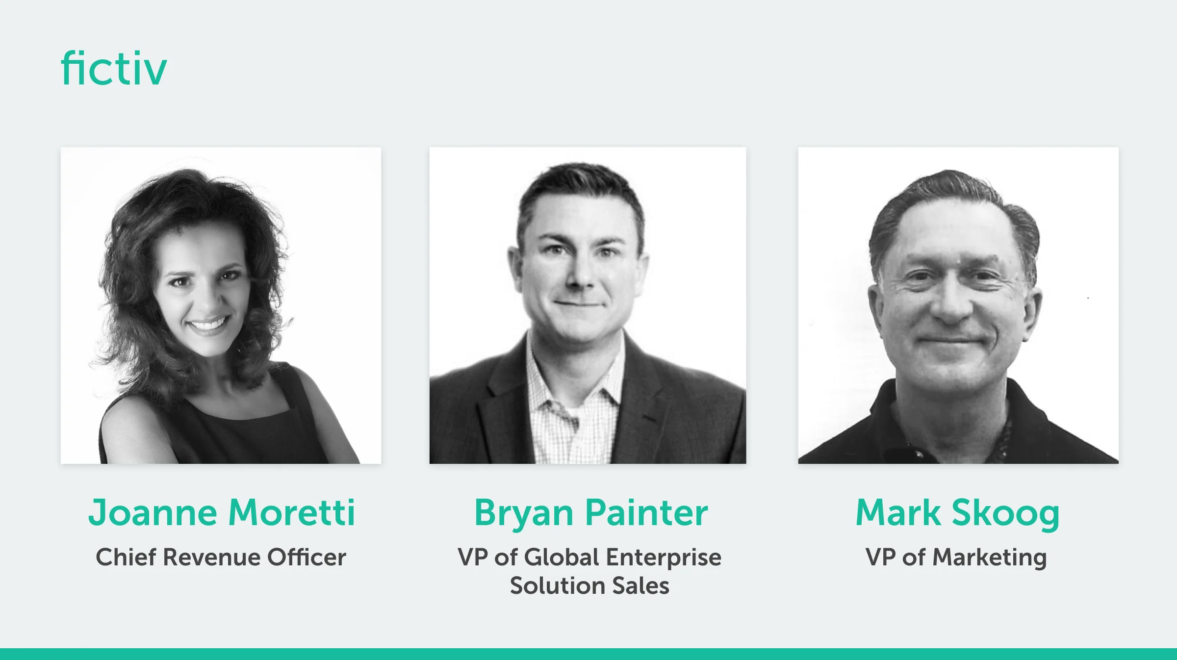 Headshots of Fictiv Chief Revenue Officer Joanne Moretti, VP of Global Enterprise Solution Sales Bryan Painter, and VP of Marketing Mark Skoog