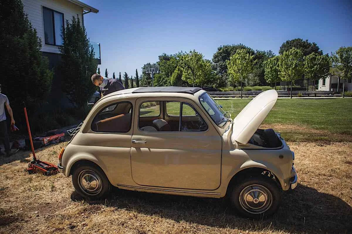 fictiv2image2 - Fictiv Image of tan colored 1966 fiat 500 with the front trunk open