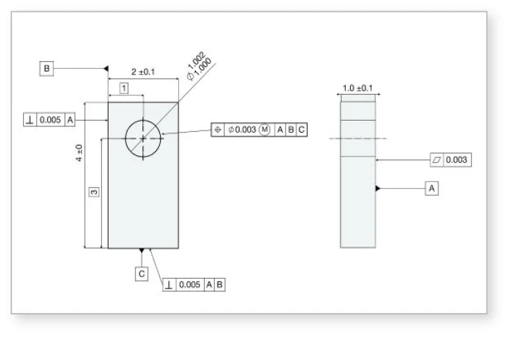 GDT tolerences - Fictiv 2D drawing showing part tolerances with GD&T.