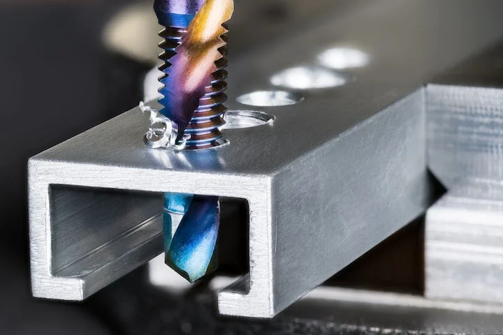 drill-bit-making-a-threaded-hole-in-an-aluminum-profile - Fictiv drill bit making a threaded hole in an aluminum profile