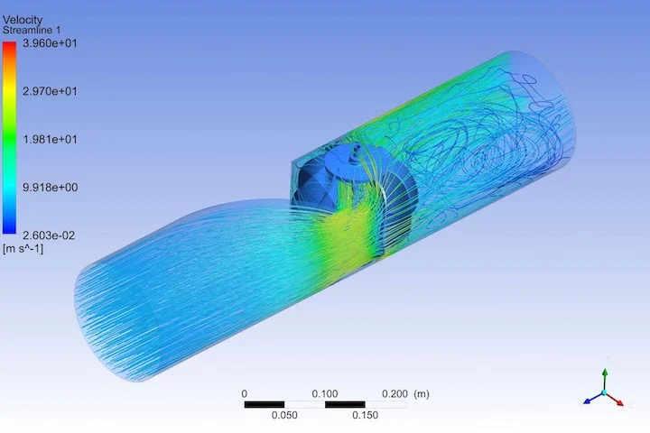 FEA of fluid flow through a turbine in a pipe for hydroelectric power generation