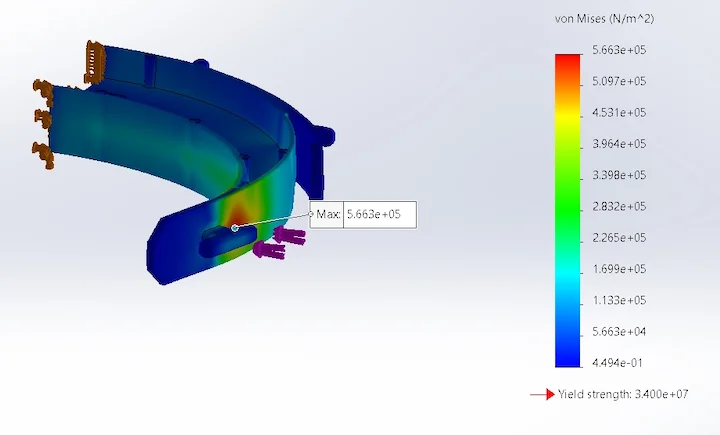 von mises stress displayed after using FEA of a face shield headband