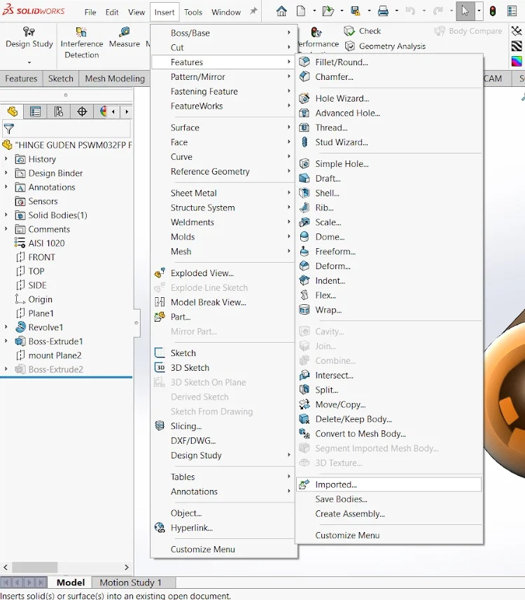 Import feature menu in Solidworks