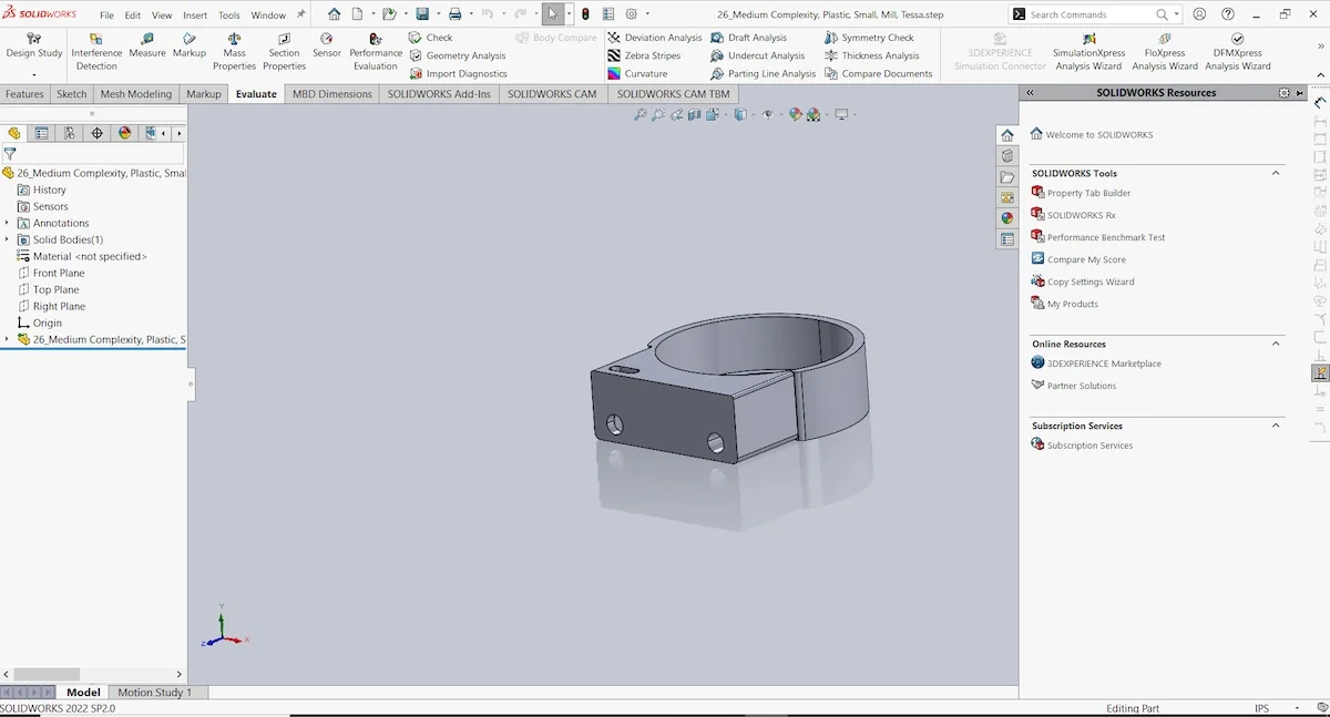 Solidworks-showing-user-interface - Fictiv a part in Solidworks, showing user interface