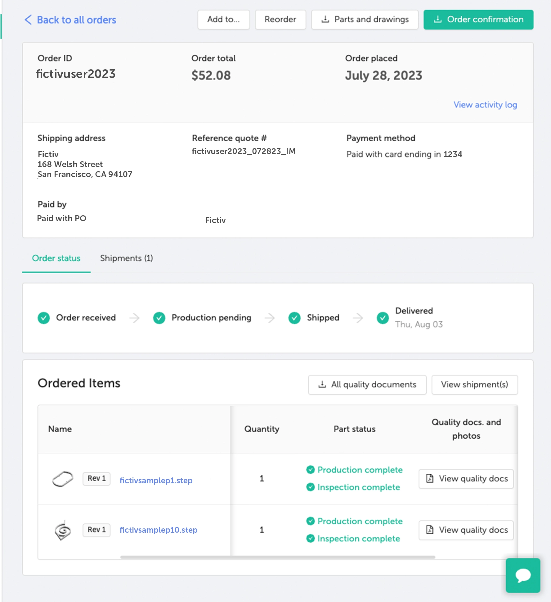 injection molding order tracking on Fictiv's digital manufacturing platform