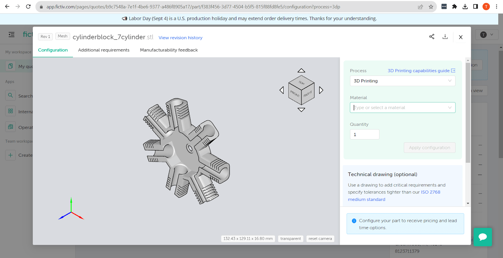 A 3D part model in the Fictiv platform