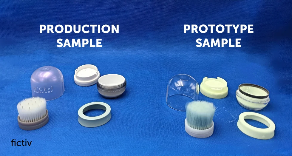 Prototype and production samples for m’Chel Haircare’s Day After Brush