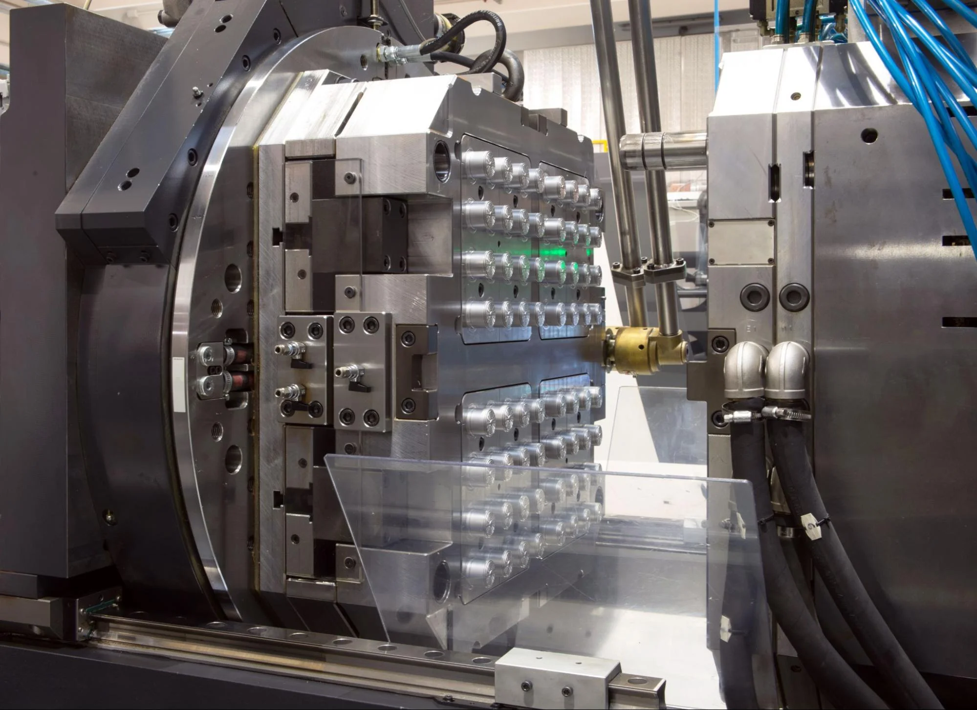 The core side of a multi-cavity injection mold.