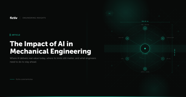 Left-aligned article header: 'The Impact of AI in Mechanical Engineering' with subtitle on a dark background; brand 'fictiv' logo visible. Right side shows a teal, high-tech schematic with an AI core and connected nodes.