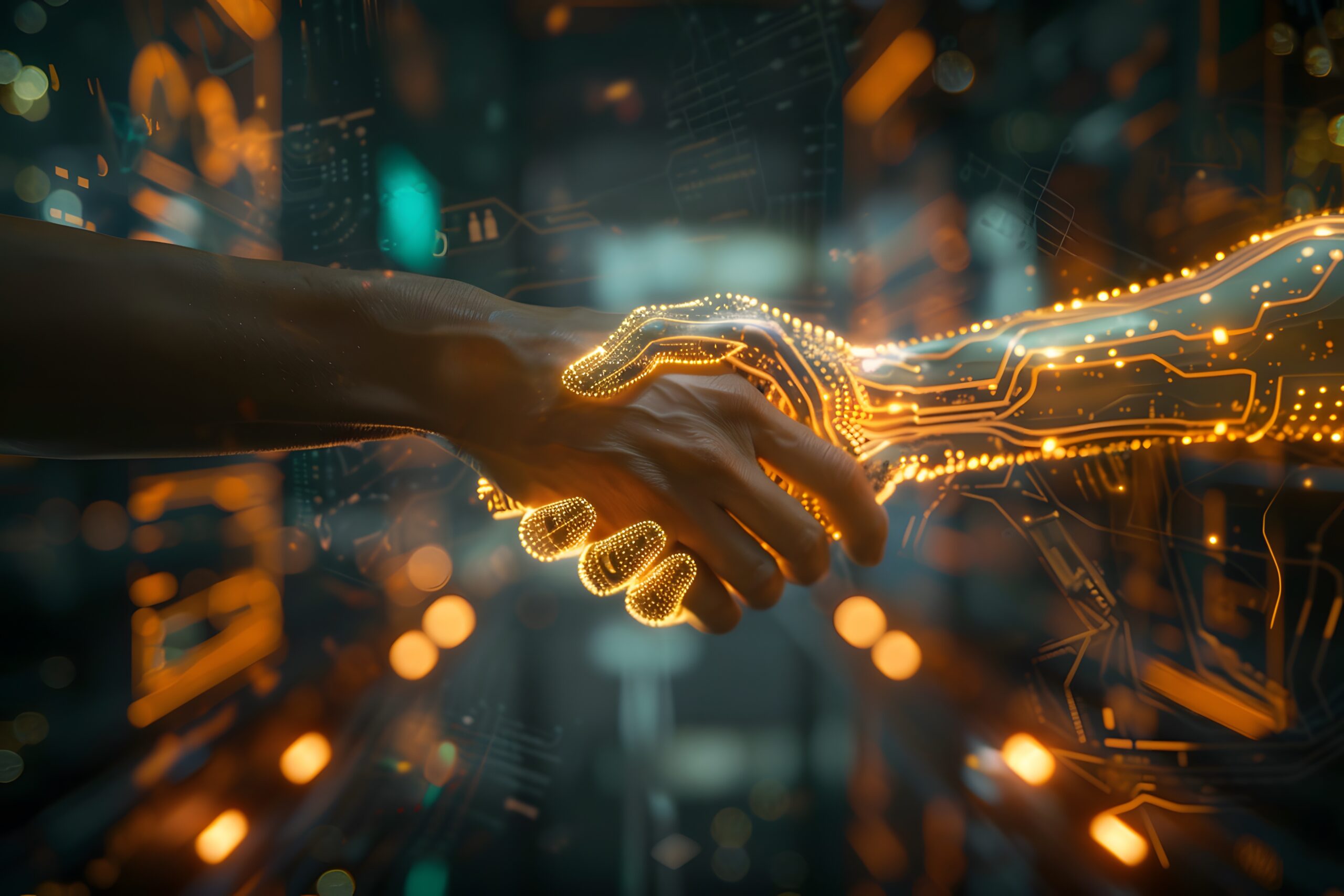 Hand deal between human and digital hand integration between human and artificial intelligence - Fictiv Mechanical engineers working with AI
