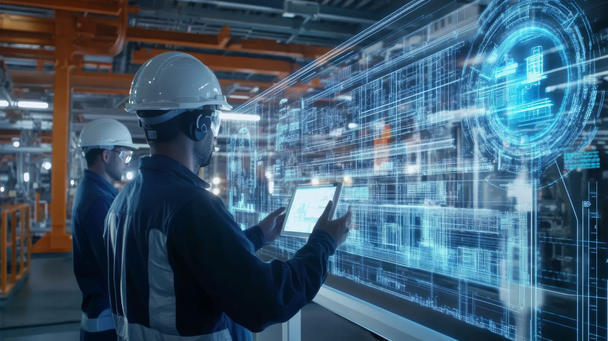 Two factory workers in hard hats interact with a large holographic blueprint projected on a glass surface in a manufacturing plant.