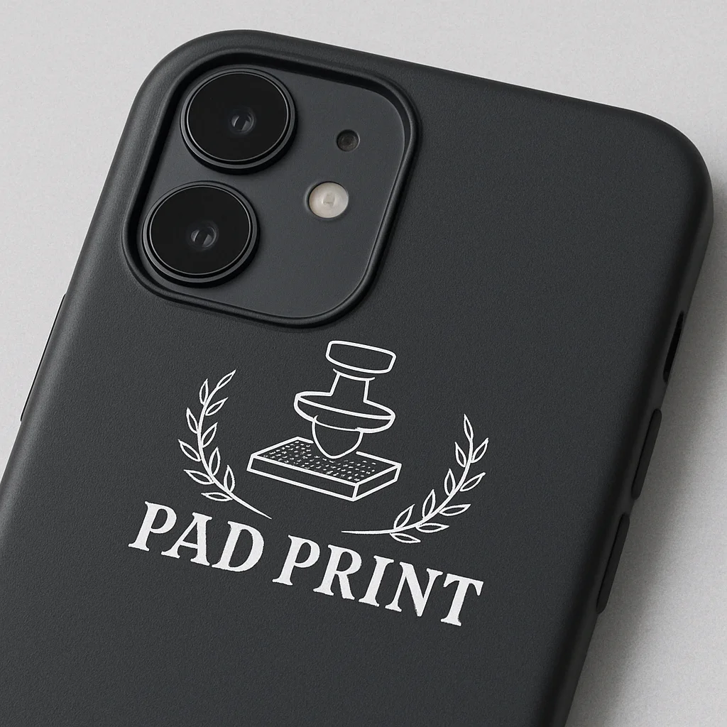 Phone case with a custom pad-printed logo.