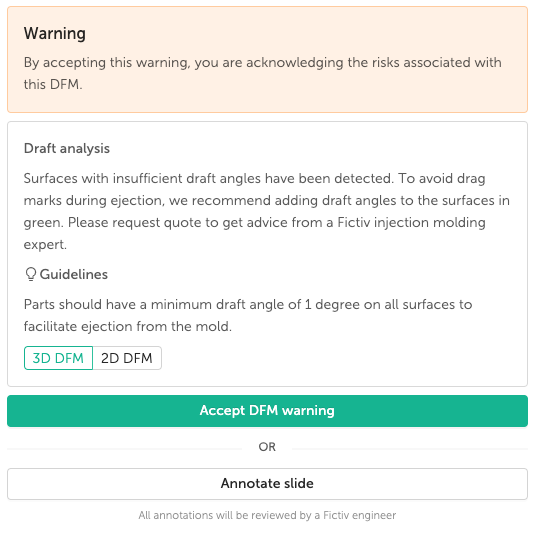 Slide annotation for DFM on the Fictiv digital manufacturing platform.
