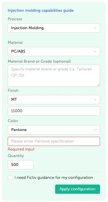 fictivmade details - Fictiv Configuration details on the Fictiv platform.