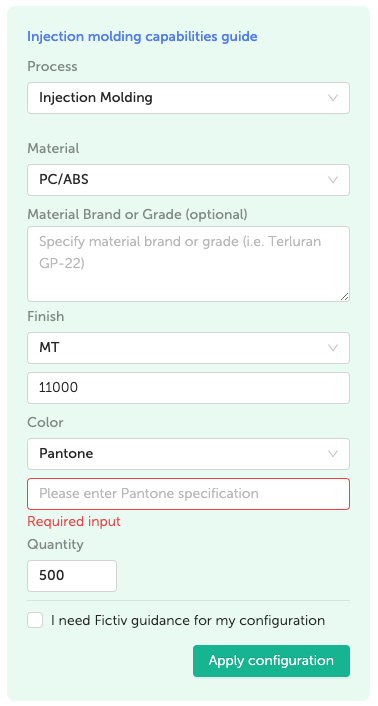 Configuration details on the Fictiv platform.