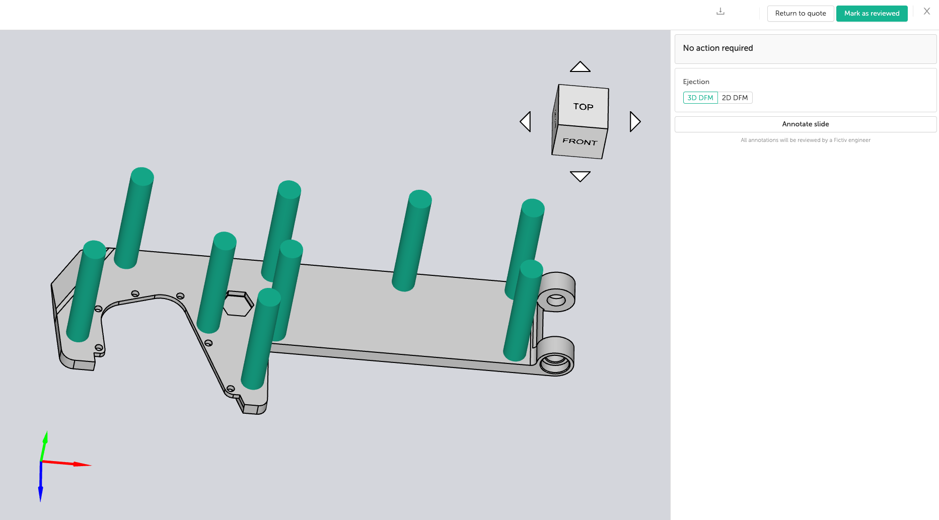 Ejector pin location visualization on the Fictiv digital manufacturing platform.