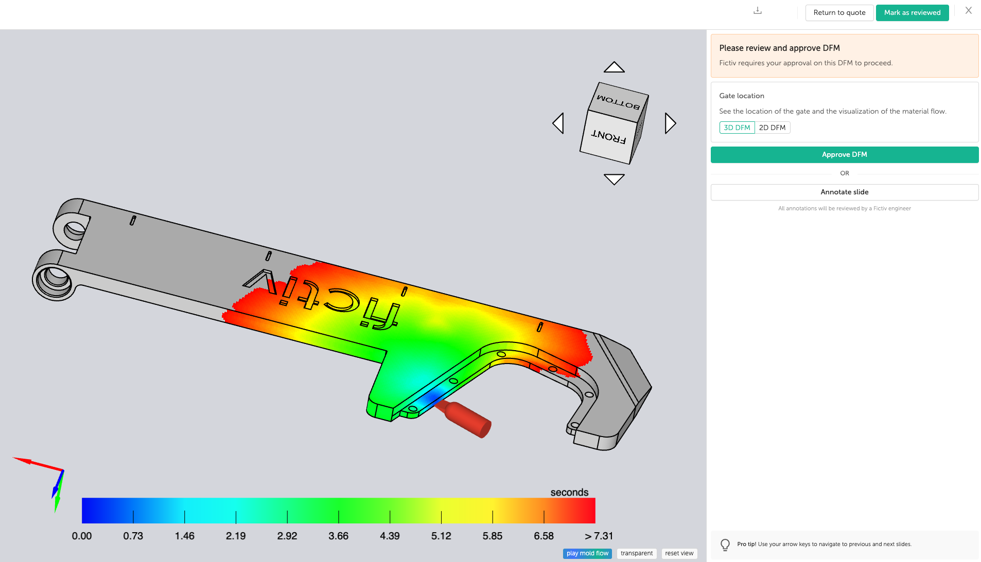 Mold flow visualization on the Fictiv digital manufacturing platform.