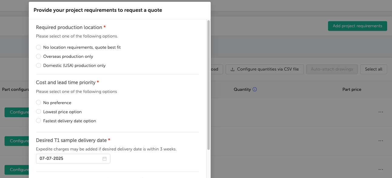Manufacturing Project requirements for quoting on the Fictiv platform.