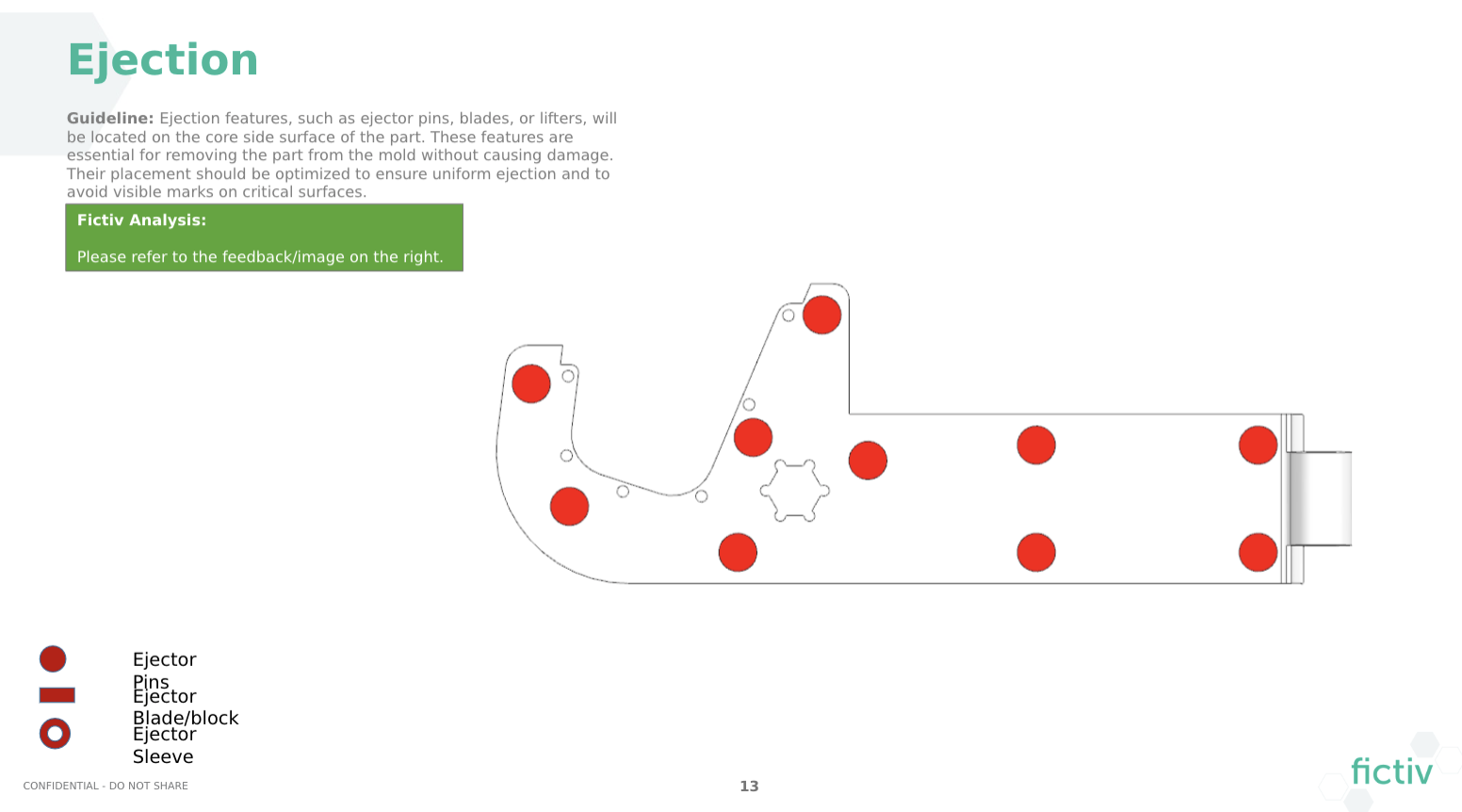 DFM showing ejector pin mark locations on the part.