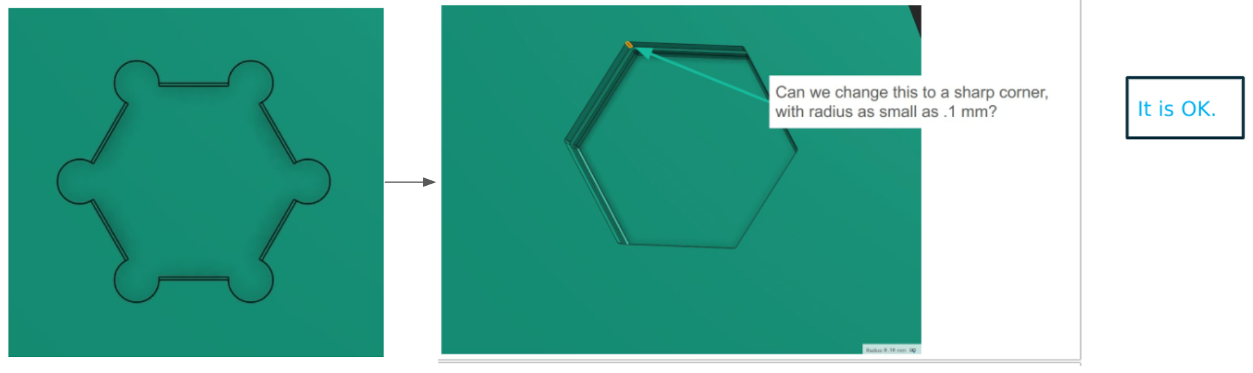 Hex recess corner modification for production intent