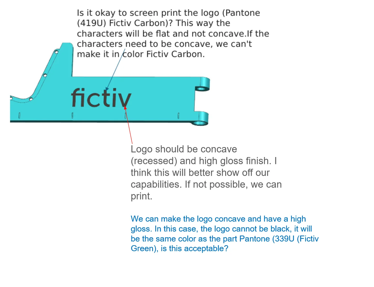 Fictiv DFM logo - Fictiv Cross-functional discussion of logo treatment through DFM.
