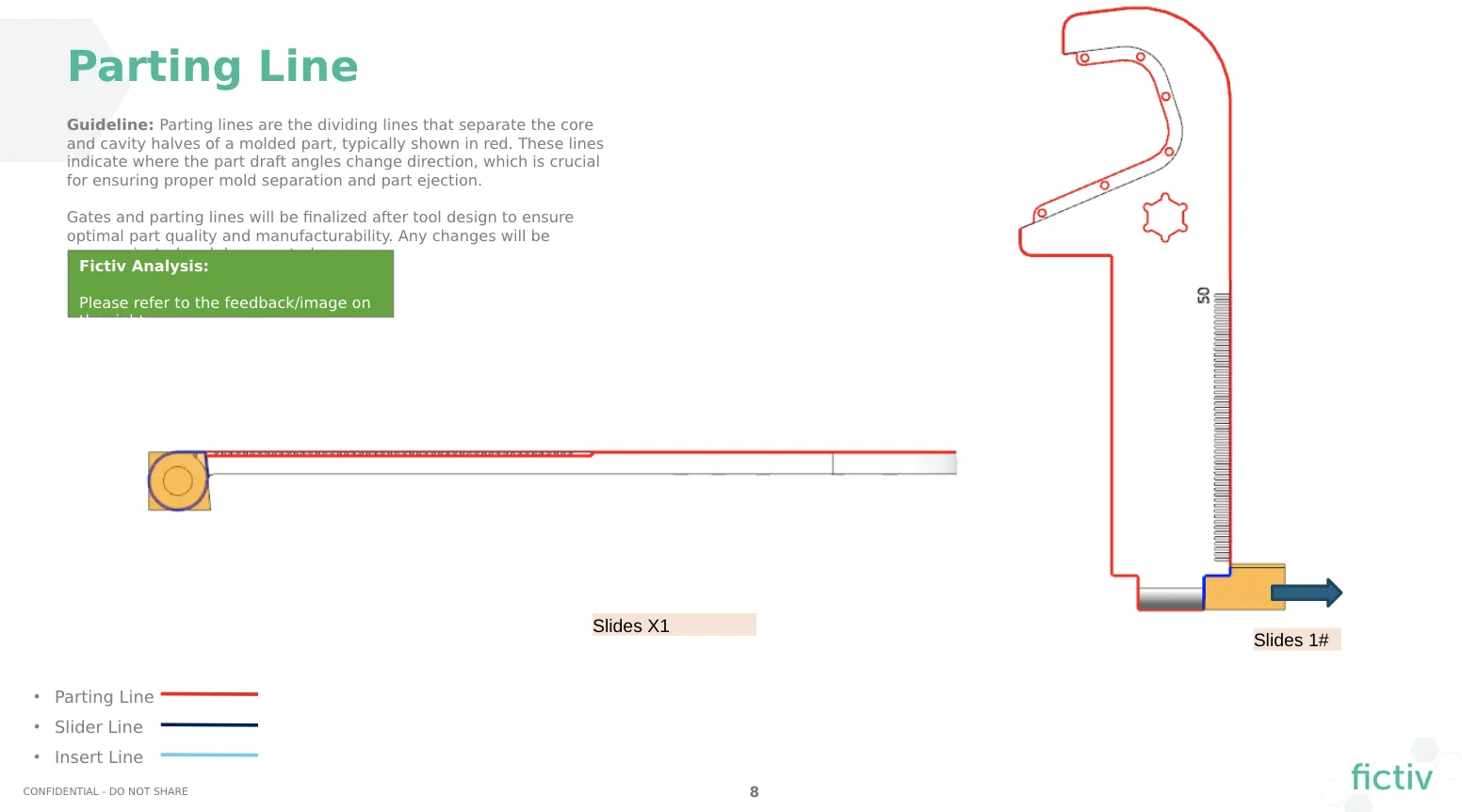 Fictiv DFM parting lines - Fictiv DFM showing parting line with slide location.